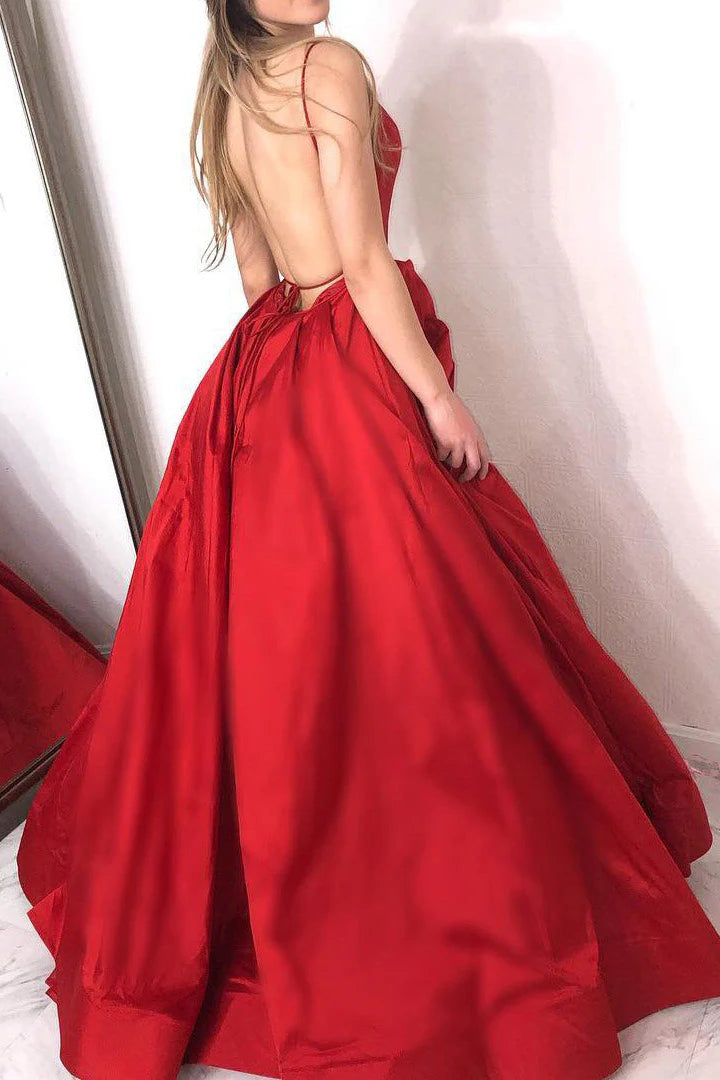 Vestidos formales/Vestido de fiesta largo rojo con tirantes finos y abertura